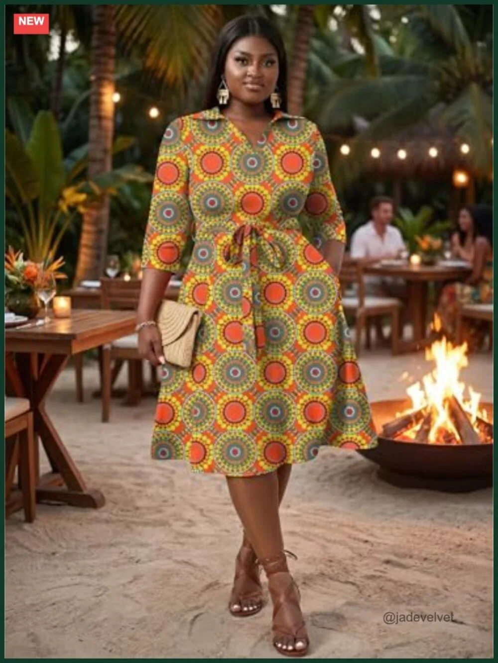 Plus Size Midi Dress with Pockets and Belt - 3/4 Sleeve Wrap V-Neck A-Line